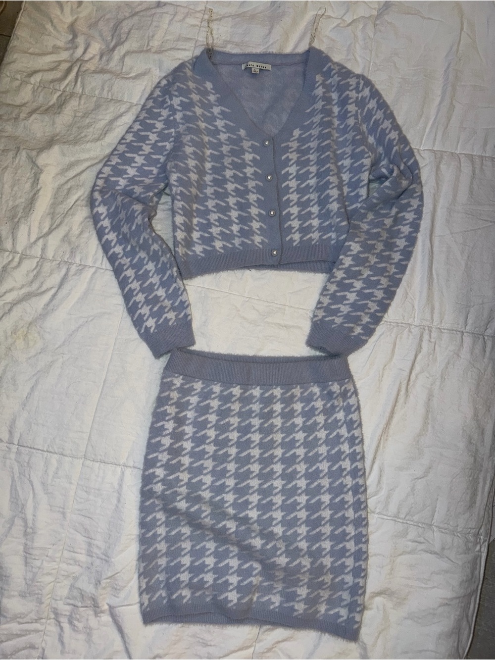 Haute monde blue white houndstooth skirt cardigan sweater set pearl buttons Med